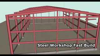 Productie- en verwerkingswerkplaats van staalconstructies met schuin dak